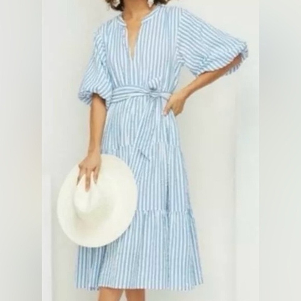 Roller Rabbit Blue White Stripe Tiered Seersucker Midi Dress Puff‎ Sleeve medium